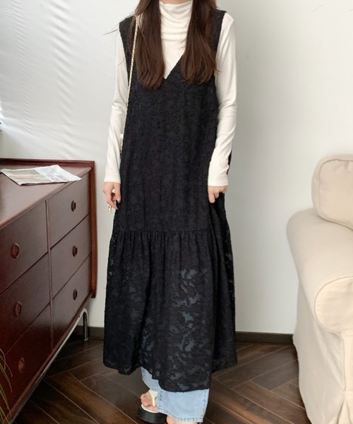 ABITOKYO（アビトーキョー）の「バックリボンシアージャガードロングワンピース（裏地付）（ワンピース・レディース・ホワイト/ベージュ/ピンク/ブルー/ブラック/ネイビー/グリーン・M/L）」の9枚目の写真