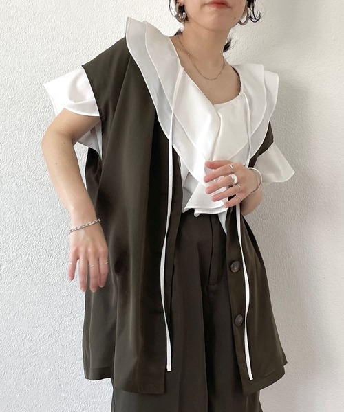 wee9s（ウィークス）の「over size satin like vest / オーバーサイズサテンライクベスト（ベスト・レディース・カーキ/ブラック・FREE）」の22枚目の写真