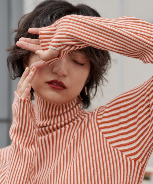 miette（ミエット）の「バイカラーストライプタートルネックニット