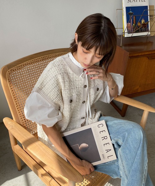 DONOBAN(ドノバン)の「ツイードライクニットジレカーデ(ベスト・レディース・ホワイト×ブラック/アイボリー・F)」の7枚目の写真