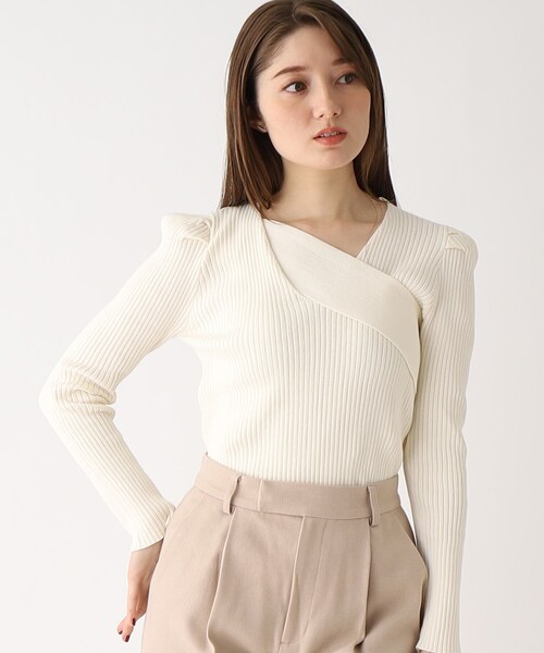 index(インデックス)の「◆アシメネック パワーショルダーリブニット(ニット/セーター・レディース・ベージュ/オフホワイト/ダークパープル・00)」の1枚目の写真