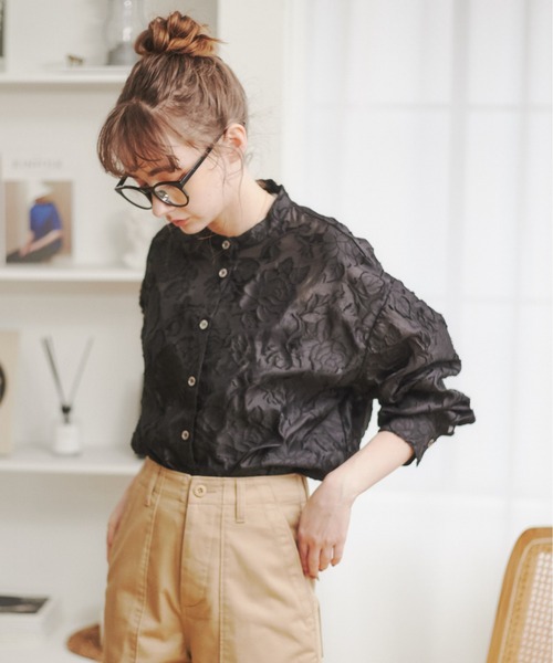 プランテーション コットンジャガードバンドカラーシャツ ANGIE（アンジー）の「シアー ジャガード バンドカラー シャツ（シャツ