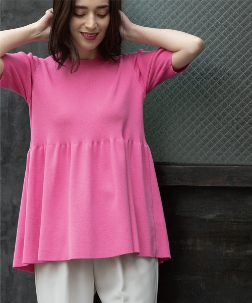 OPAQUE.CLIP(オペークドットクリップ)の「◆オーガニックコットン ペプラムニット【洗濯機洗い可/UVケア】(ニット/セーター・レディース・オフホワイト/ブラウン系その他/ライトブルー/ブラック/ピンク系/ライトグレー系7・36/38/40/42)」の1枚目の写真