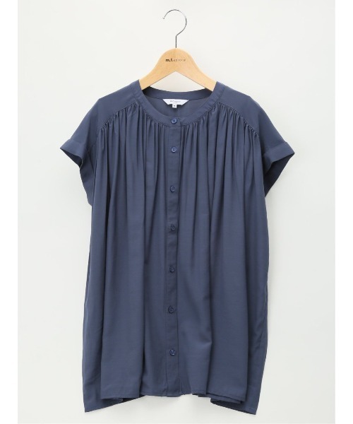 m.f.editorial（エムエフエディトリアル）の「m.f.エディトリアル レディース アイスグログラン バンドカラー半袖ブラウス（シャツ/ブラウス・レディース・イエロー系その他/ネイビー・LARGE/MEDIUM）」の22枚目の写真