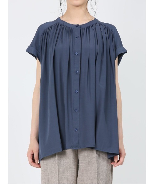 m.f.editorial（エムエフエディトリアル）の「m.f.エディトリアル レディース アイスグログラン バンドカラー半袖ブラウス（シャツ/ブラウス・レディース・イエロー系その他/ネイビー・LARGE/MEDIUM）」の21枚目の写真