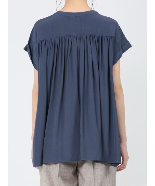 m.f.editorial（エムエフエディトリアル）の「m.f.エディトリアル レディース アイスグログラン バンドカラー半袖ブラウス（シャツ/ブラウス・レディース・イエロー系その他/ネイビー・LARGE/MEDIUM）」の19枚目の写真