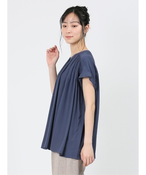 m.f.editorial（エムエフエディトリアル）の「m.f.エディトリアル レディース アイスグログラン バンドカラー半袖ブラウス（シャツ/ブラウス・レディース・イエロー系その他/ネイビー・LARGE/MEDIUM）」の15枚目の写真