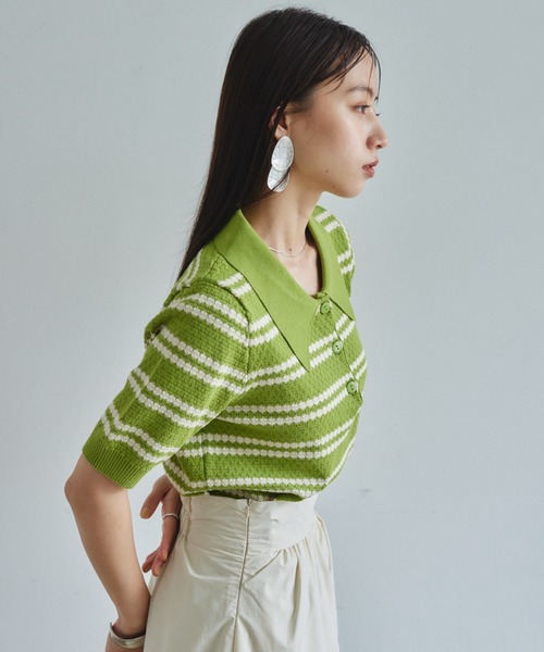VANNIE U（ヴァニーユー）の「ボーダーポロニット（ニット/セーター・レディース・アイボリー/ブラック/グリーン・FREE）」の3枚目の写真