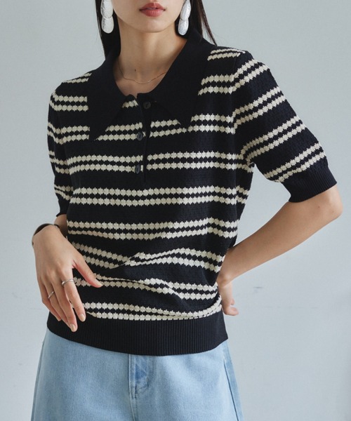 VANNIE U（ヴァニーユー）の「ボーダーポロニット（ニット/セーター・レディース・アイボリー/ブラック/グリーン・FREE）」の15枚目の写真