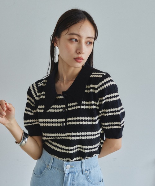 VANNIE U（ヴァニーユー）の「ボーダーポロニット（ニット/セーター・レディース・アイボリー/ブラック/グリーン・FREE）」の10枚目の写真