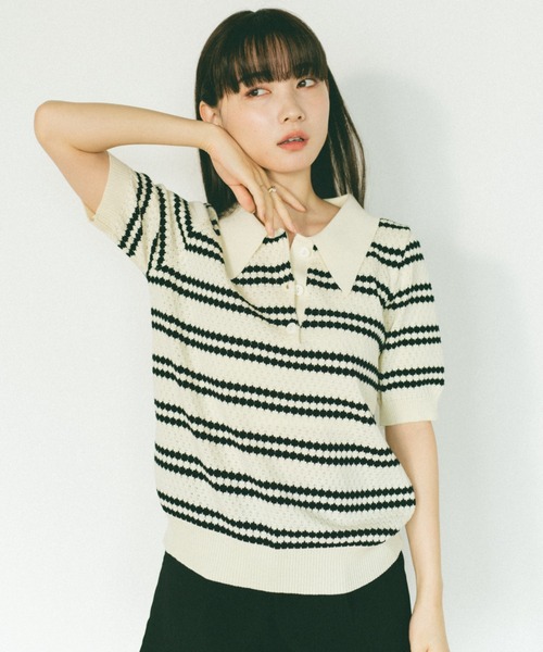 ニット セーター BORDER ニットポロシャツ レディース ニット セーター ボーダーポロシャツ レディース : ZOZOTOWN