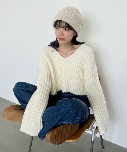 Heather(ヘザー)の「プルダウンニットワッチ 961470(ニットキャップ/ビーニー・レディース・ブラック/アイボリー・ONE SIZE)」の16枚目の写真