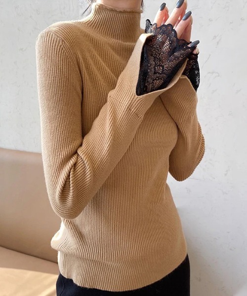 COCOMOMO(ココモモ)の「きれいめ袖レースハイネックリブニット(ニット/セーター・レディース・ブラック/アイボリー/グレー/ベージュ/ホワイト/グリーン/パープル/ダークブラウン/ブルー・FREE)」の6枚目の写真