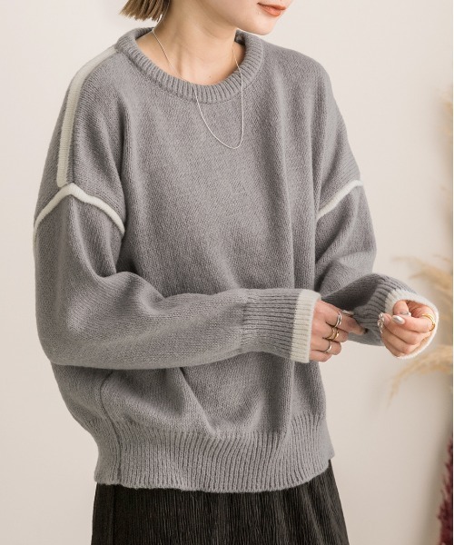 ad thie（アドティエ）の「ゆったり・クルーネック 配色ラインデザインニット（ニット/セーター・レディース・グレー/オフホワイト・FREE）」の11枚目の写真