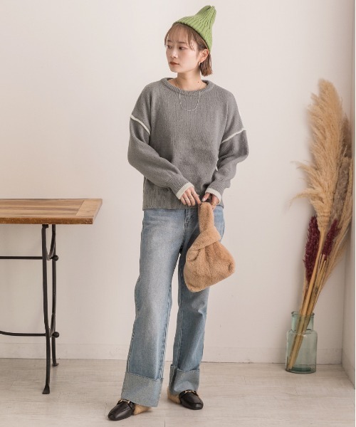 ad thie（アドティエ）の「ゆったり・クルーネック 配色ラインデザインニット（ニット/セーター・レディース・グレー/オフホワイト・FREE）」の17枚目の写真