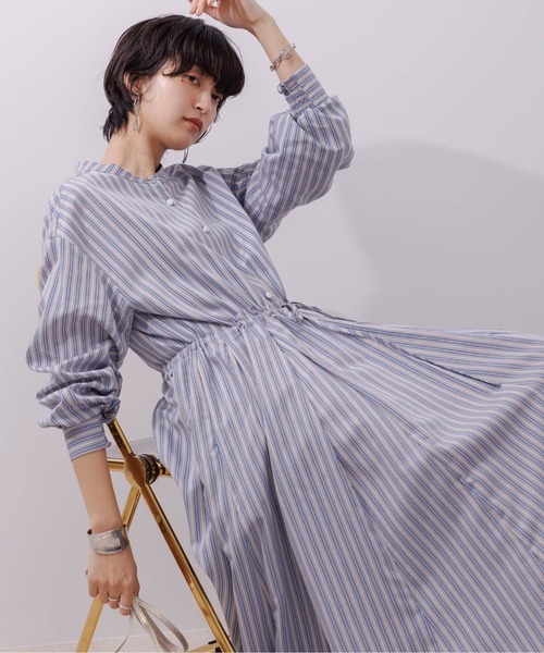 新品 ★ エイミーロウ　フリルスリーブ ストライプシャツワンピース 新品 ☆ エイミーロウ フリルスリーブ ストライプシャツ