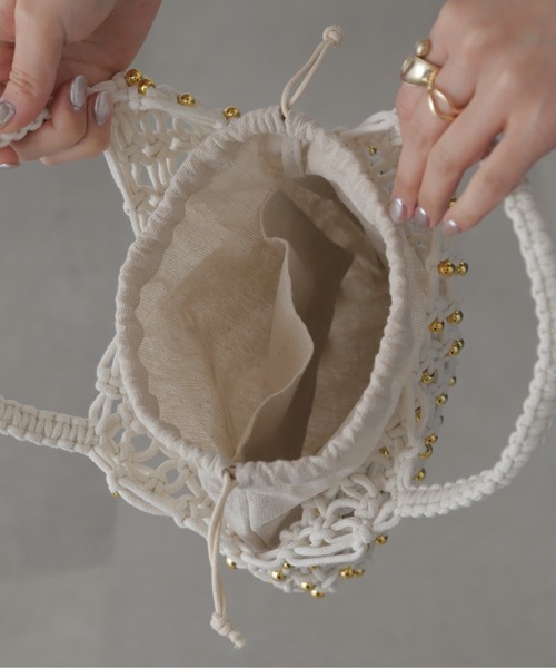 FREE'S MART（フリーズマート）の「◆マクラメトート（ハンドバッグ・レディース・ホワイト/ライトグリーン・ﾌﾘ-）」の3枚目の写真