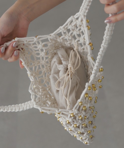 FREE'S MART（フリーズマート）の「◆マクラメトート（ハンドバッグ・レディース・ホワイト/ライトグリーン・ﾌﾘ-）」の6枚目の写真