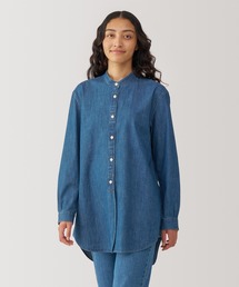 婦人　洗いざらし　デニム　スタンドカラー長袖ロングシャツ