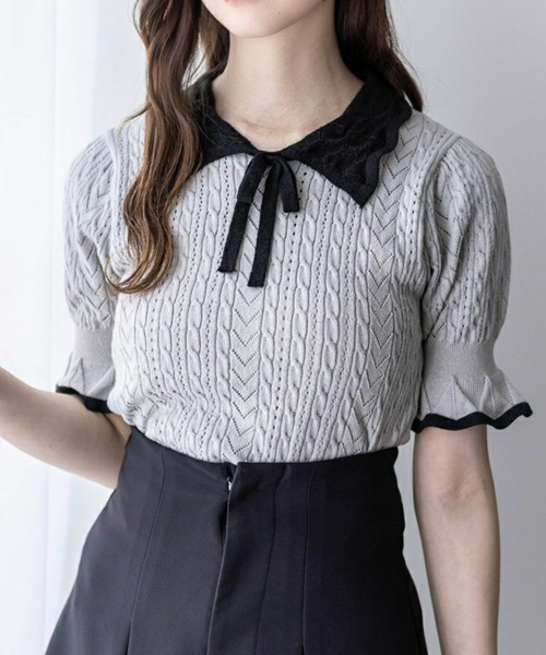 clear（クリア）の「配色襟フリルスリーブリボンニットトップス[バレエコア ガーリー フレンチ]≪再入荷≫（ニット/セーター・レディース・ブラック/オフホワイト/グレー・F）」の3枚目の写真