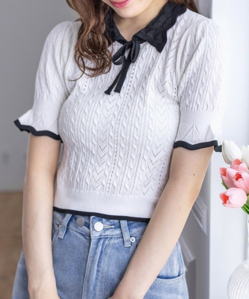 clear（クリア）の「配色襟フリルスリーブリボンニットトップス[バレエコア ガーリー フレンチ]≪再入荷≫（ニット/セーター・レディース・ブラック/オフホワイト/グレー・F）」の2枚目の写真