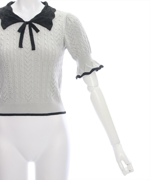 clear（クリア）の「配色襟フリルスリーブリボンニットトップス[バレエコア ガーリー フレンチ]≪再入荷≫（ニット/セーター・レディース・ブラック/オフホワイト/グレー・F）」の6枚目の写真