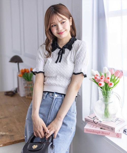 clear（クリア）の「配色襟フリルスリーブリボンニットトップス[バレエコア ガーリー フレンチ]≪再入荷≫（ニット/セーター・レディース・ブラック/オフホワイト/グレー・F）」の15枚目の写真