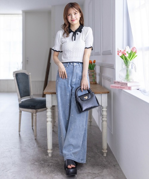 clear（クリア）の「配色襟フリルスリーブリボンニットトップス[バレエコア ガーリー フレンチ]≪再入荷≫（ニット/セーター・レディース・ブラック/オフホワイト/グレー・F）」の16枚目の写真