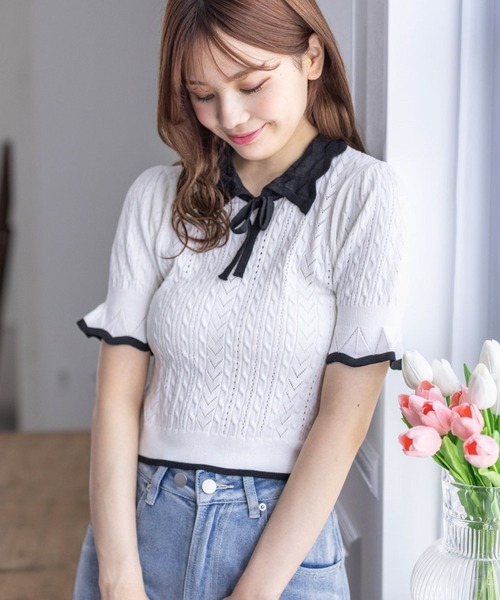 clear（クリア）の「配色襟フリルスリーブリボンニットトップス[バレエコア ガーリー フレンチ]≪再入荷≫（ニット/セーター・レディース・ブラック/オフホワイト/グレー・F）」の21枚目の写真
