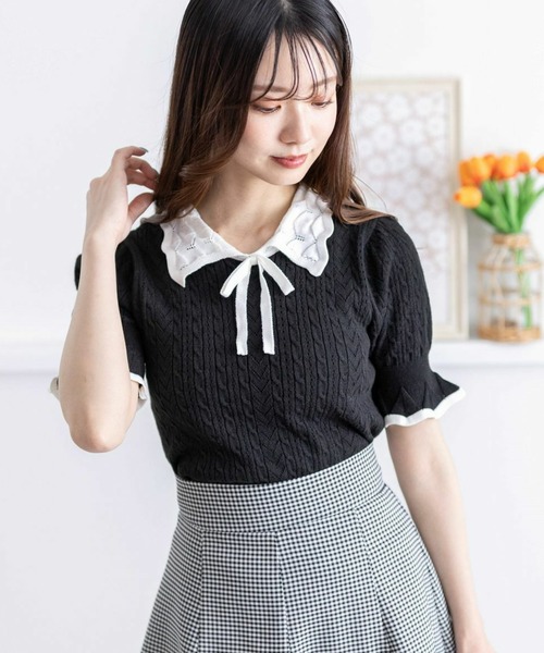 clear（クリア）の「配色襟フリルスリーブリボンニットトップス[バレエコア ガーリー フレンチ]≪再入荷≫（ニット/セーター・レディース・ブラック/オフホワイト/グレー・F）」の22枚目の写真