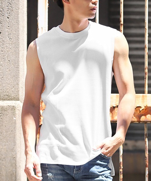 CHARBON ノースリーブ トップス ホワイト ワッフル セール】ワッフルノースリーブTシャツ（Tシャツ/カットソー