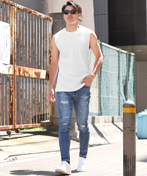 LUXSTYLE(ラグスタイル)の「ワッフルノースリーブTシャツ(Tシャツ/カットソー・メンズ・ホワイト/ブラック・XL/L/M)」の8枚目の写真