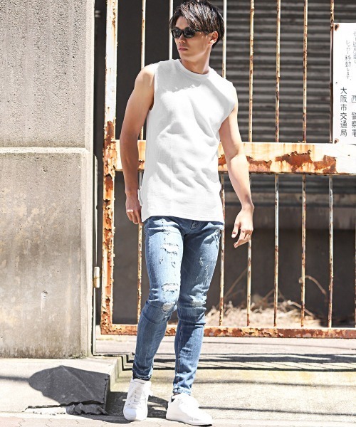 LUXSTYLE(ラグスタイル)の「ワッフルノースリーブTシャツ(Tシャツ/カットソー・メンズ・ホワイト/ブラック・XL/L/M)」の7枚目の写真