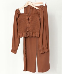 GORGE（ゴージ）の「《シャーリング×レースアップ》レディース セットアップ 長袖ブラウス＋ワイドパンツ 体型カバー 春秋（つなぎ/オールインワン）」