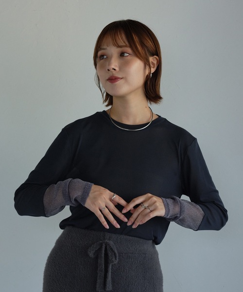 セール】袖シアーラメ切替トップス（Tシャツ/カットソー）｜ap