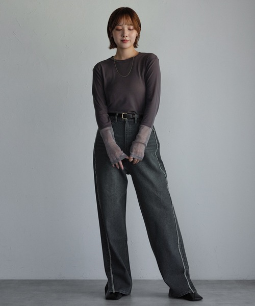 セール】袖シアーラメ切替トップス（Tシャツ/カットソー）｜ap