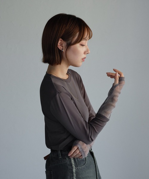 ap retro(アプレトロ)の「袖シアーラメ切替トップス(Tシャツ/カットソー・レディース・ボルドー/チャコール/ネイビー/アイボリー/ブラック/グレイッシュベージュ・FREE)」の11枚目の写真