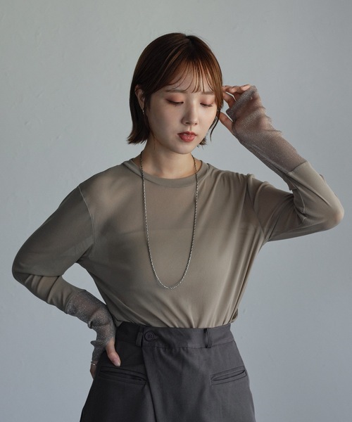 ap retro(アプレトロ)の「袖シアーラメ切替トップス(Tシャツ/カットソー・レディース・ボルドー/チャコール/ネイビー/アイボリー/ブラック/グレイッシュベージュ・FREE)」の18枚目の写真