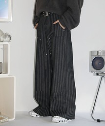 ワイドストレートリベットダブルニーパンツストライプ