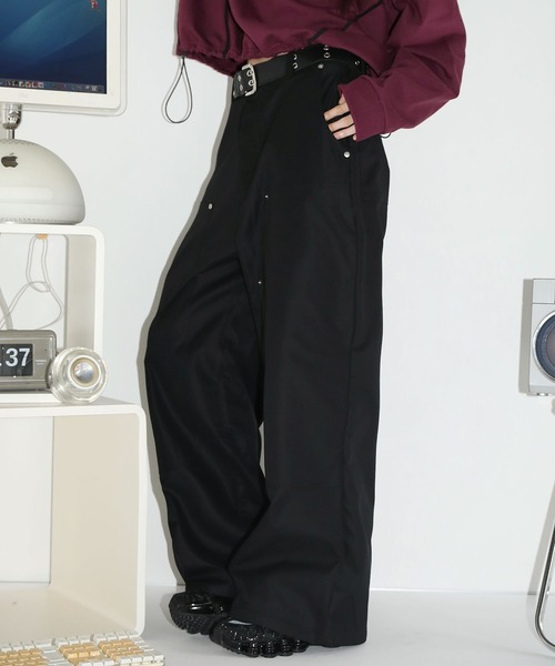リベット ストレートワイド レザーパンツ M〜3XL マルチポケット ワイドレッグマルチポケットカーゴパンツ P274 – PPP STUDIOS