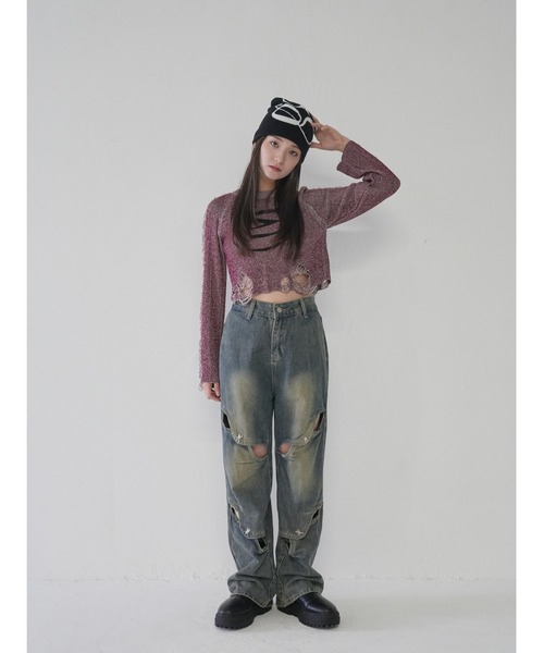 Uenui(ウニュイ)の「【 cunii 】ツートーングランジニットティー(ニット/セーター・レディース・レッド/ブラック/オレンジ/ブラウン/モカ・FREE)」の6枚目の写真