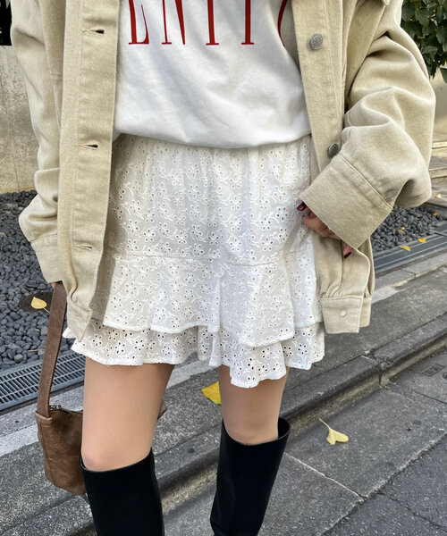 mline（エムライン）の「[mline]コットンレースティアードミニスカパン（スカート・レディース・ブラック/オフホワイト・1/2）」の5枚目の写真