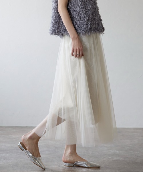 each（イーチ）の「チュールレイヤードラメストライプスカート（スカート・レディース・アイボリー/ブラック・FREE）」の6枚目の写真