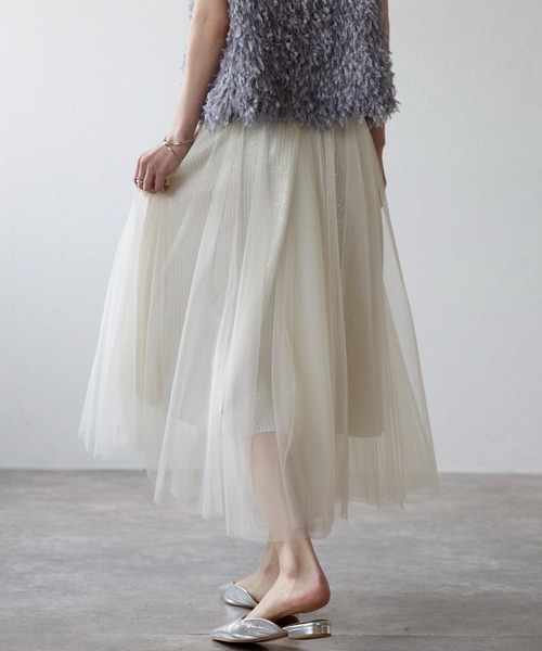each（イーチ）の「チュールレイヤードラメストライプスカート（スカート・レディース・アイボリー/ブラック・FREE）」の5枚目の写真