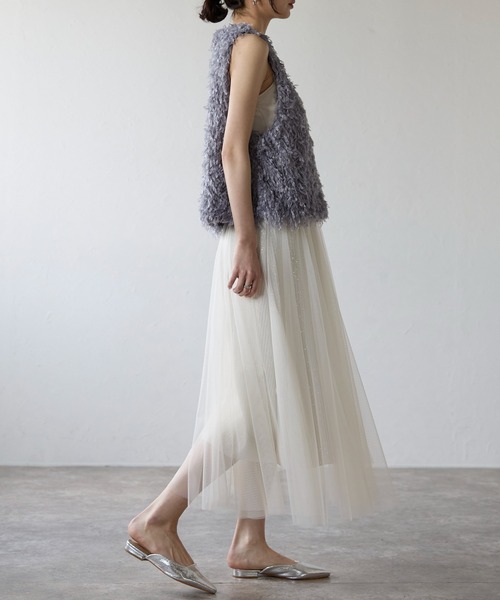 each（イーチ）の「チュールレイヤードラメストライプスカート（スカート・レディース・アイボリー/ブラック・FREE）」の10枚目の写真