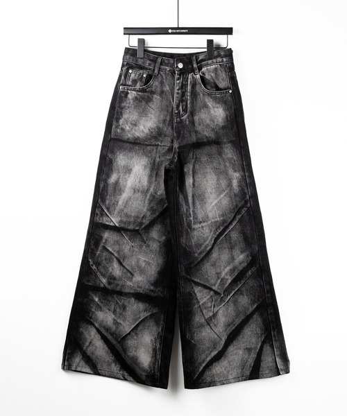 4size 】CRACKクラッシュヘビーブリーチブラックワイドデニム