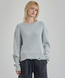 Ruelle（ルーエル）の「【Ruelle】Faded Distressed Cropped Short-Sleeve Knit Top / フェードダメージ加工長袖クロップド丈ニットソー（ニット/セーター）」
