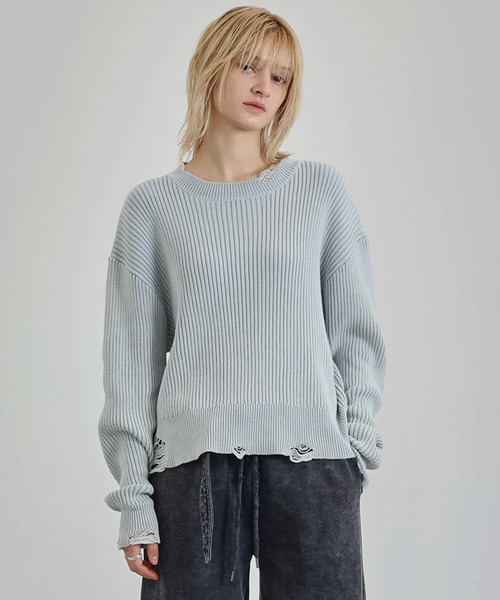 Ruelle】Faded Distressed Cropped Short-Sleeve Knit Top