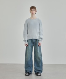 Ruelle（ルーエル）の「【Ruelle】Faded Distressed Cropped Short-Sleeve Knit Top / フェードダメージ加工長袖クロップド丈ニットソー（ニット/セーター）」