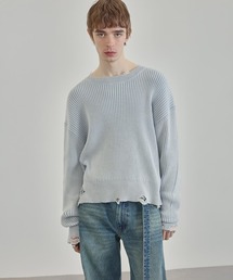 Ruelle（ルーエル）の「【Ruelle】Faded Distressed Cropped Short-Sleeve Knit Top / フェードダメージ加工長袖クロップド丈ニットソー（ニット/セーター）」